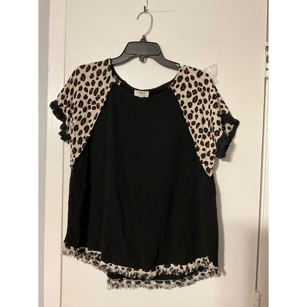 Umgee Womens Small Black Leopard Print Frayed Fringe Linen Cotton Top A6596